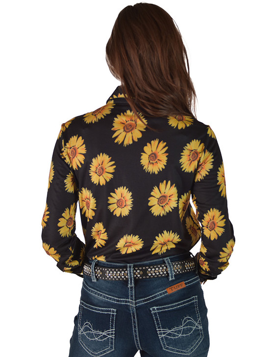 Gold Sunflowers on Black Jersey Pullover Button Up