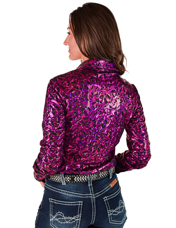 Hot Pink & Black Iridescent Metallic Stretch Midweight Jersey Pullover Button Up