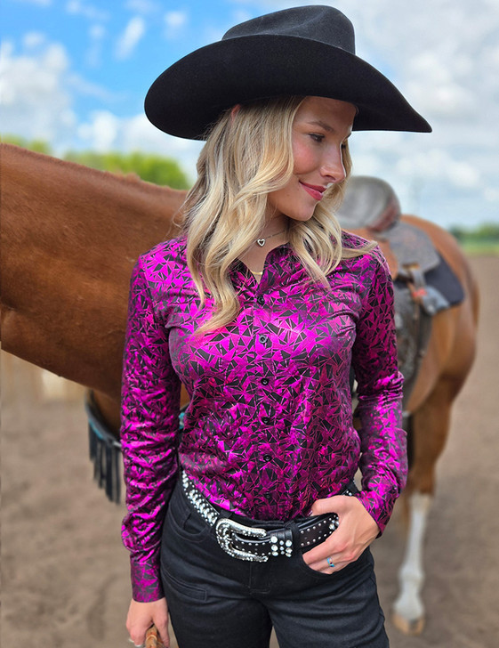 Hot Pink & Black Iridescent Metallic Stretch Midweight Jersey Pullover Button Up