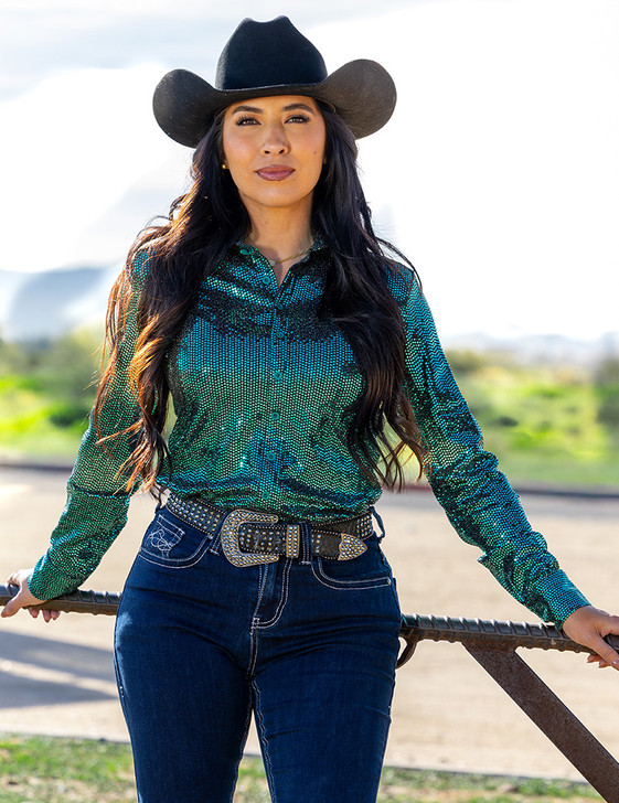 Emerald Sequin Pullover Button Up medium weight & stretch