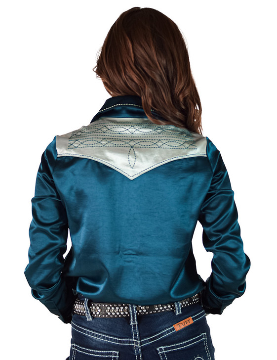 Dark Teal & Mint Satin Pullover Button Up  with BootStitch Embroidery & pearl snaps