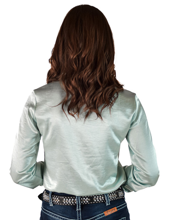 Soft Mint Satin Pullover Button Up in low stretch medium weight