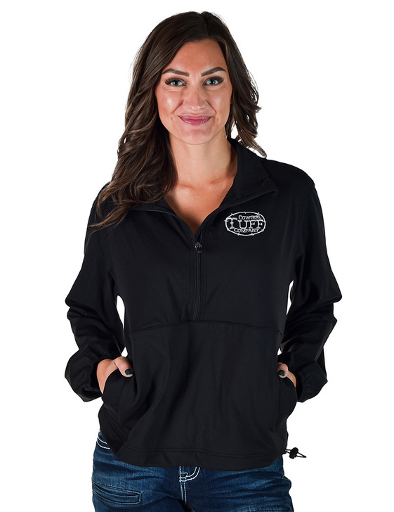 Black Athletic 1/2 Zip Cadet with pouch pocket sweatshirt white embroidered logo