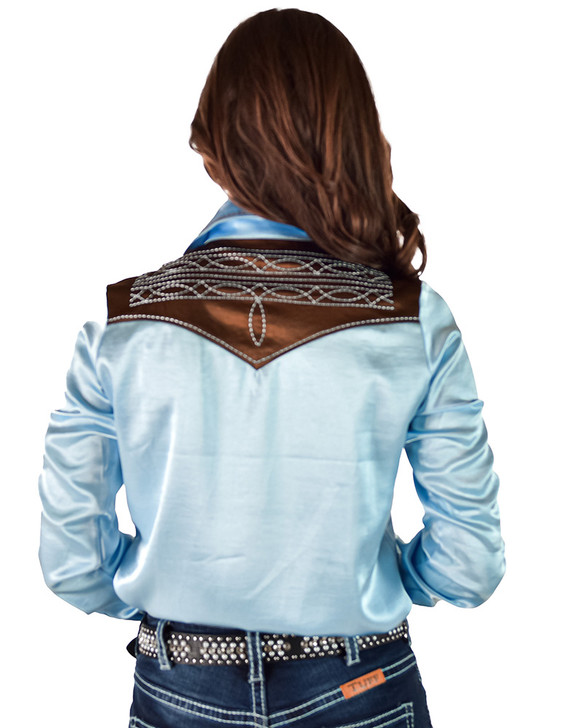 Brown & Sky Blue Satin with embroidered bootstitch and pearl snaps Pullover Button Up