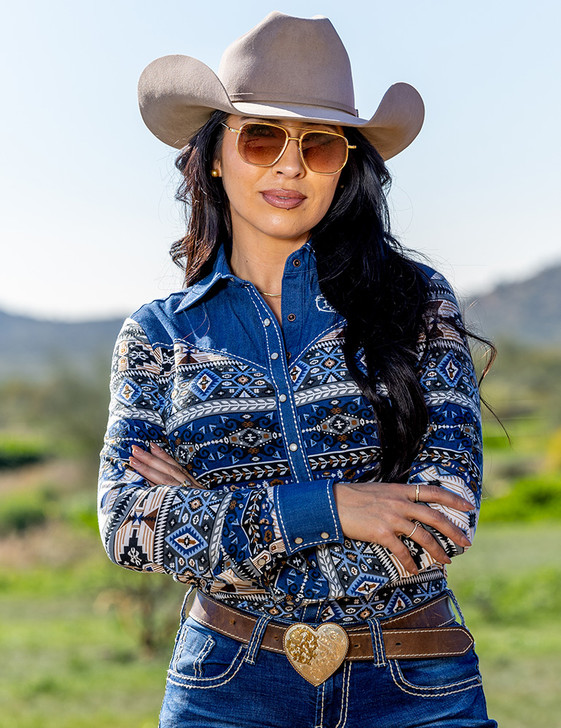 Aztec Denim Jersey Pullover Button Up in medium stretch