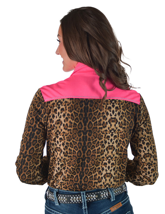 Leopard Jersey Pullover Button Up with Hot Pink Shimmer yoke, cuffs, lapel with turquoise stitching & snaps