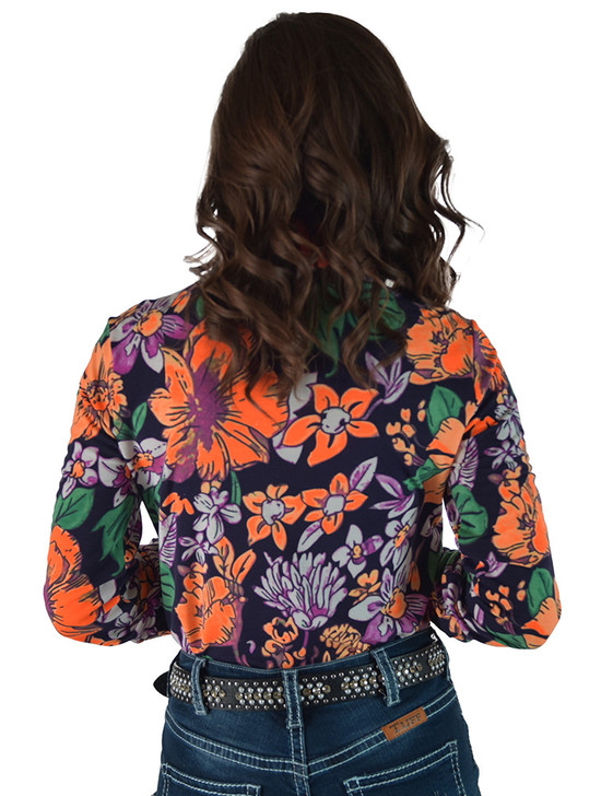 Purple & Bright Orange Floral Jersey Pullover Button Up Medium weight & stretch