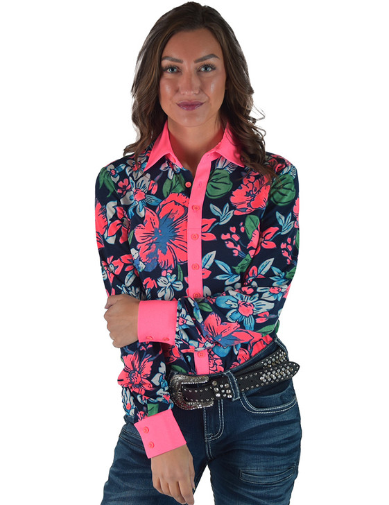 Navy & Watermelon Floral Jersey Pullover Button Up Medium weight & stretch