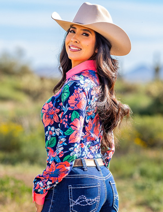 Navy & Watermelon Floral Jersey Pullover Button Up Medium weight & stretch
