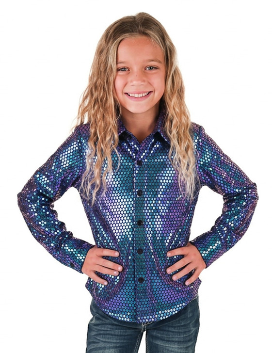 Girl's Purple & Teal Foil Metallic Pullover Button Up Lightweight & Medium Stretch