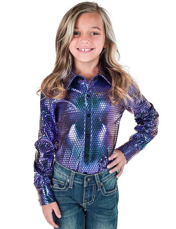 Girl's Purple & Teal Foil Metallic Pullover Button Up Lightweight & Medium Stretch