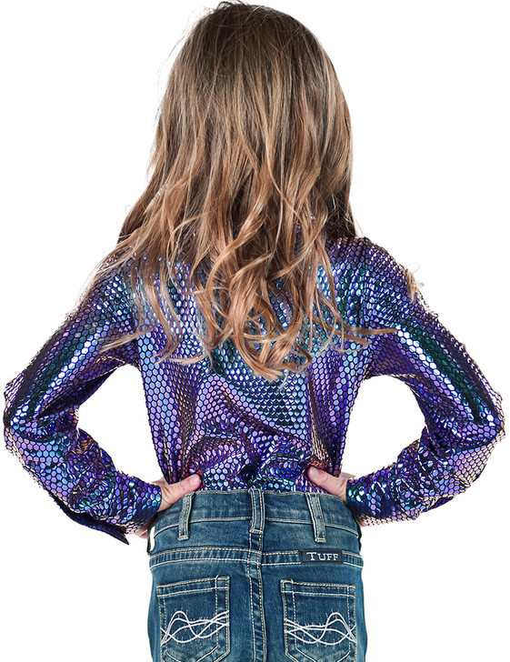 Girl's Purple & Teal Foil Metallic Pullover Button Up Lightweight & Medium Stretch