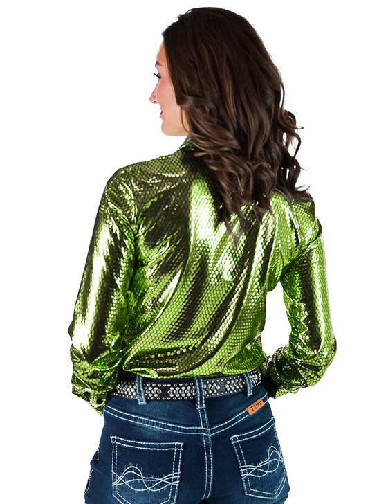 Bright Lime Foil Metallic Pullover Button Up Lightweight & medium Stretch