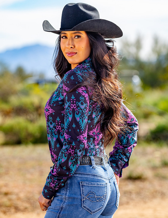 Lilac, Teal, Black Patterned Jersey Pullover Button Up Medium weight & stretch