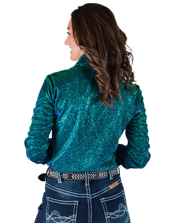 Turquoise Iridesent Shimmer on bonded Satin Pullover Button Up Midweight & Stretch