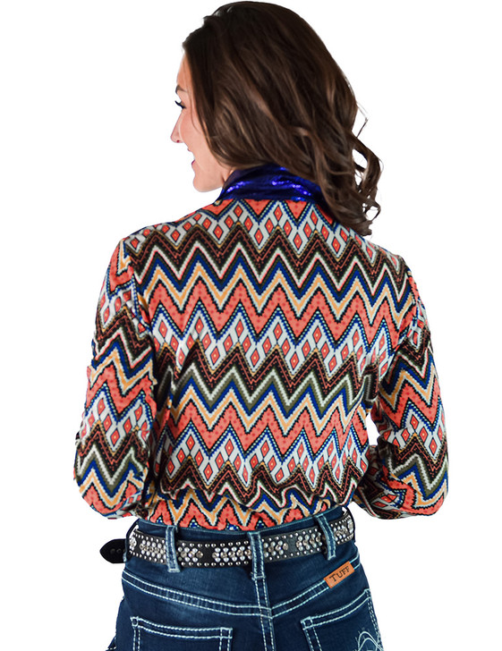 Colorful Zig Zag Jersey with Ultramarine Metallic Trim Pullover Button Up