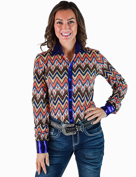 Colorful Zig Zag Jersey with Ultramarine Metallic Trim Pullover Button Up