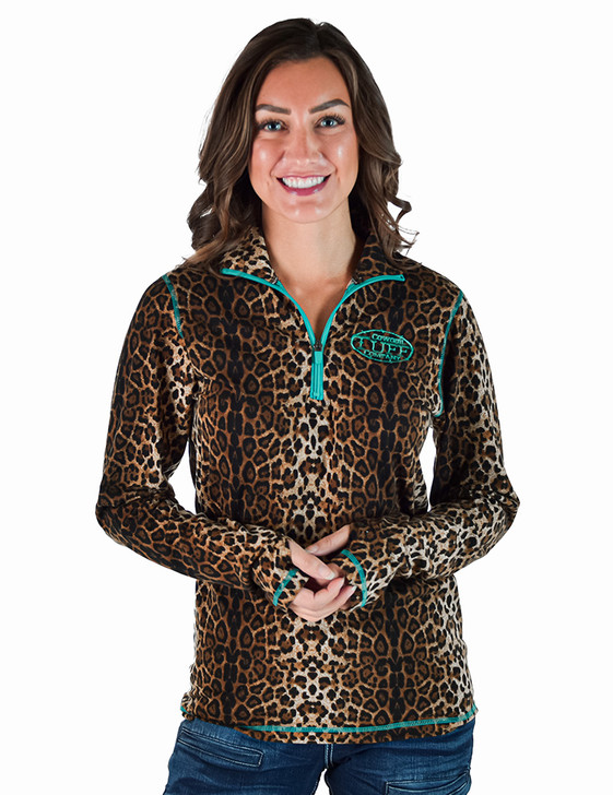 Leopard Jersey 1/4 Cadet Zip with turquoise stitching. Logo & zipper Medium weight & stretch