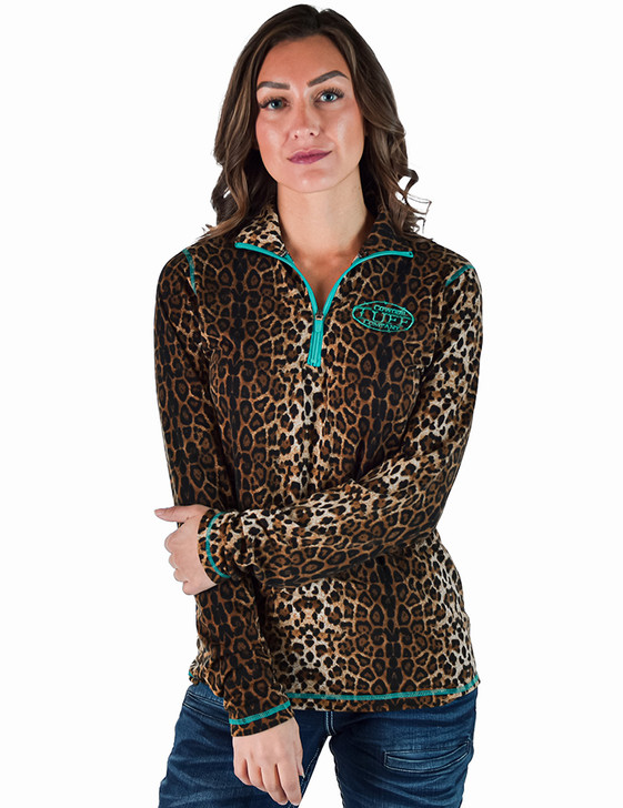 Leopard Jersey 1/4 Cadet Zip with turquoise stitching. Logo & zipper Medium weight & stretch