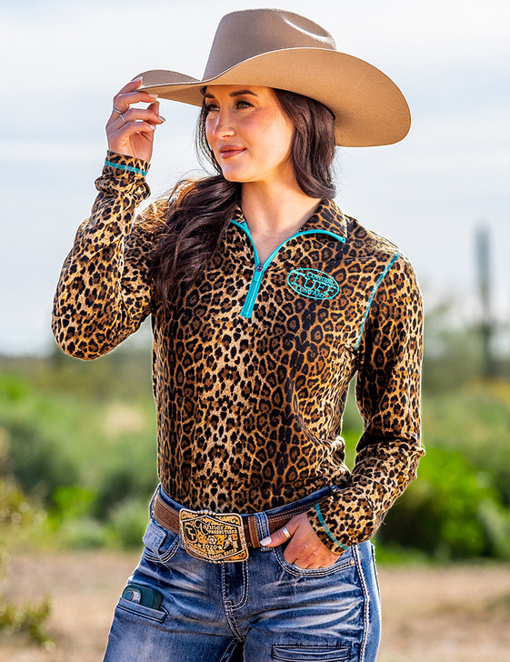 Leopard Jersey 1/4 Cadet Zip with turquoise stitching. Logo & zipper Medium weight & stretch