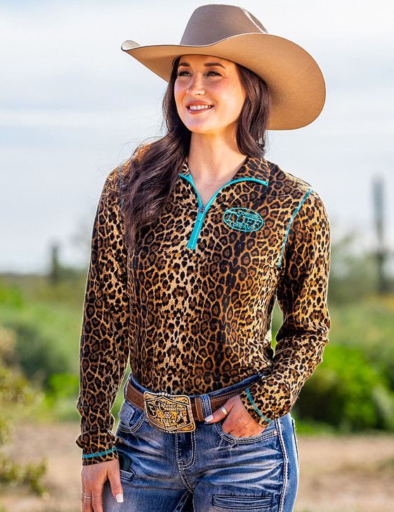 Leopard Jersey 1/4 Cadet Zip with turquoise stitching. Logo & zipper Medium weight & stretch