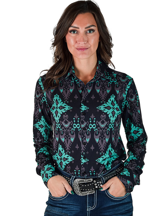 Turquoise & Black patterned Pullover Button Up jersey medium stretch