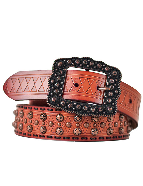 Studded Ginger Brown Leather Belt