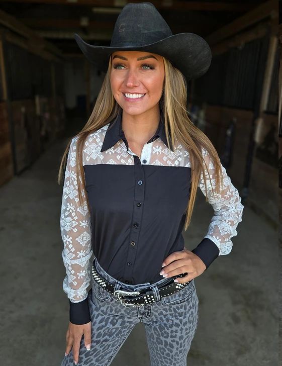 Black Breathe with cream lace pullover button up - Lightweight Medium Stretch