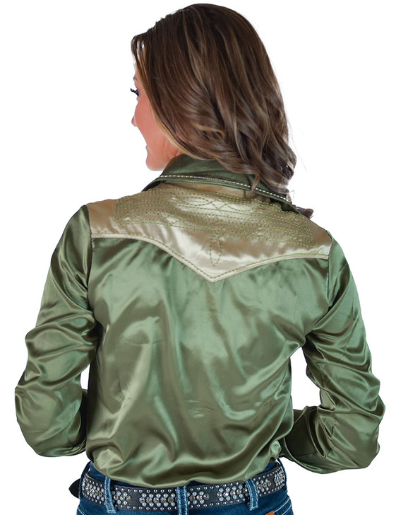 Sage & Vanilla Retro Bootstitch Embroidered Satin Pullover Button Up Lightweight Low Stretch