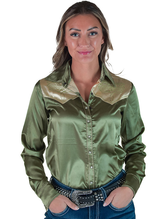 Sage & Vanilla Retro Bootstitch Embroidered Satin Pullover Button Up Lightweight Low Stretch