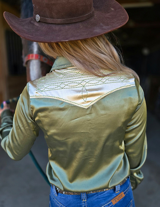 Sage & Vanilla Retro Bootstitch Embroidered Satin Pullover Button Up Lightweight Low Stretch