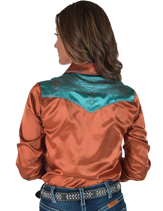 Rust & Turquoise Retro Bootstitch Embroidered Satin Pullover Button Up Lightweight Low Stretch