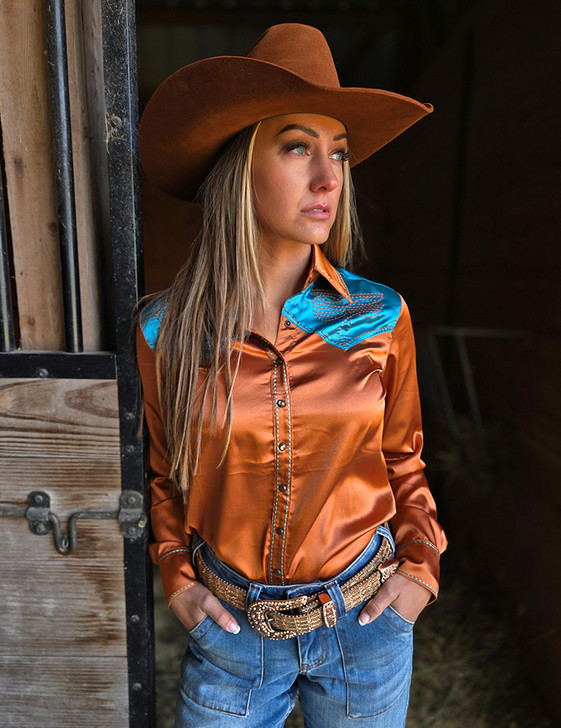 Rust & Turquoise Retro Bootstitch Embroidered Satin Pullover Button Up Lightweight Low Stretch