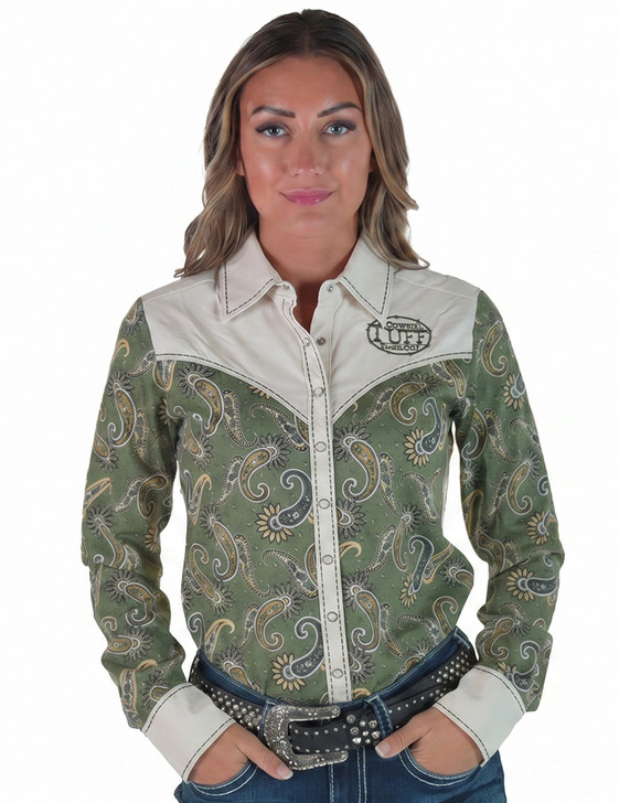 Sage Paisley & Cream Retro Pullover Button Up Lightweight Low Stretch
