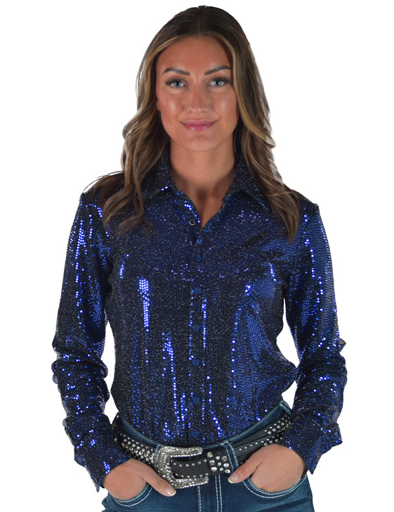 Deep Periwinkle Sequin Foil Metallic Pullover Button Up Midweight & Medium Stretch
