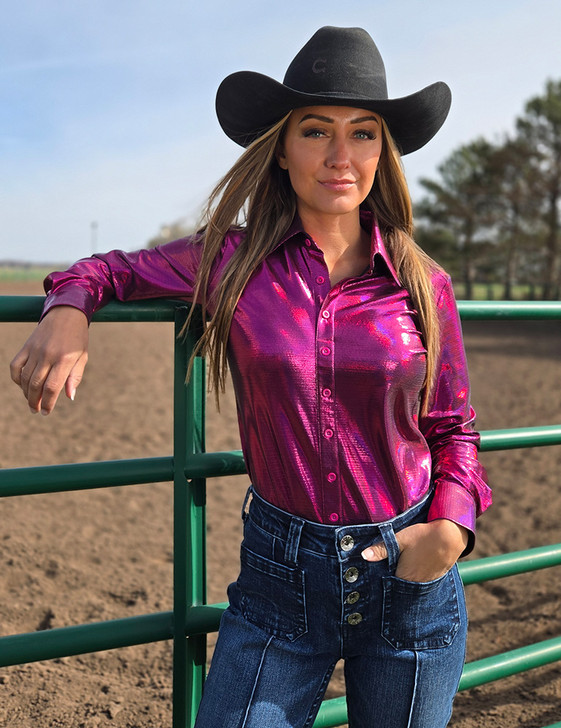 Fushia Pink Holographic Pullover Button Up Midweight & Medium Stretch