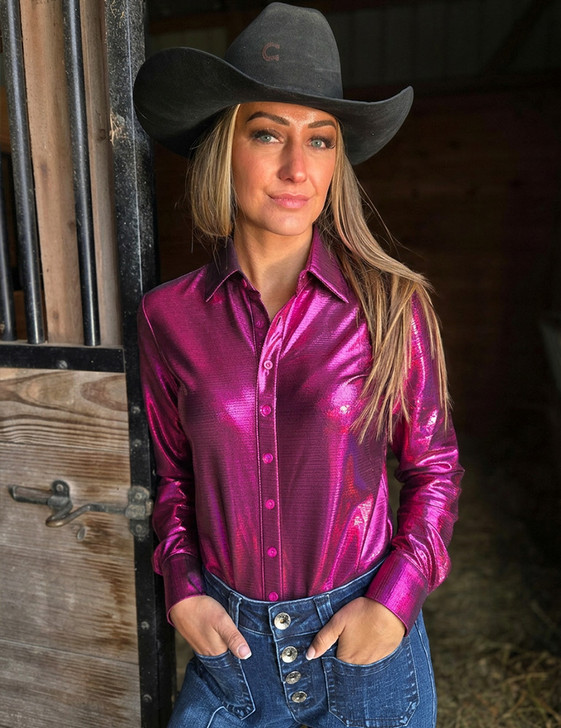 Fushia Pink Holographic Pullover Button Up Midweight & Medium Stretch