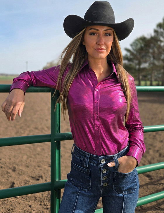 Fushia Pink Holographic Pullover Button Up Midweight & Medium Stretch
