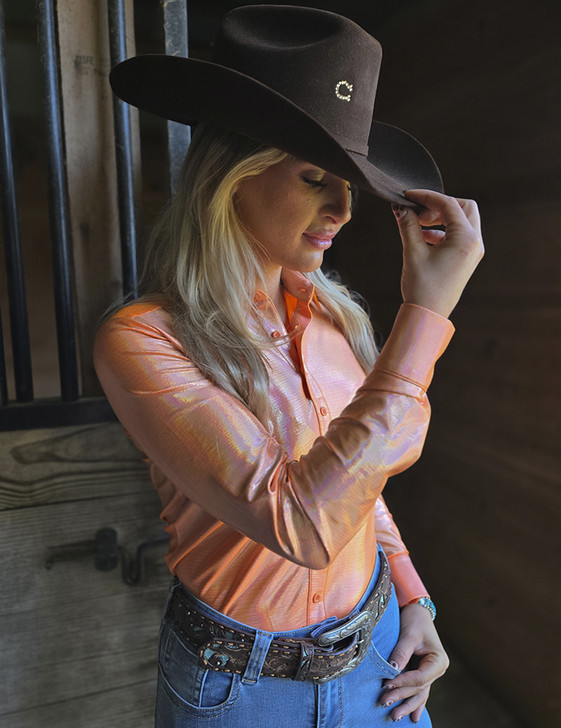 Peach Mist Holographic Pullover Button Up lightweight medium stretch