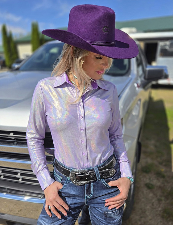 Lavender Mist Holographic Pullover Button Up lightweight medium stretch