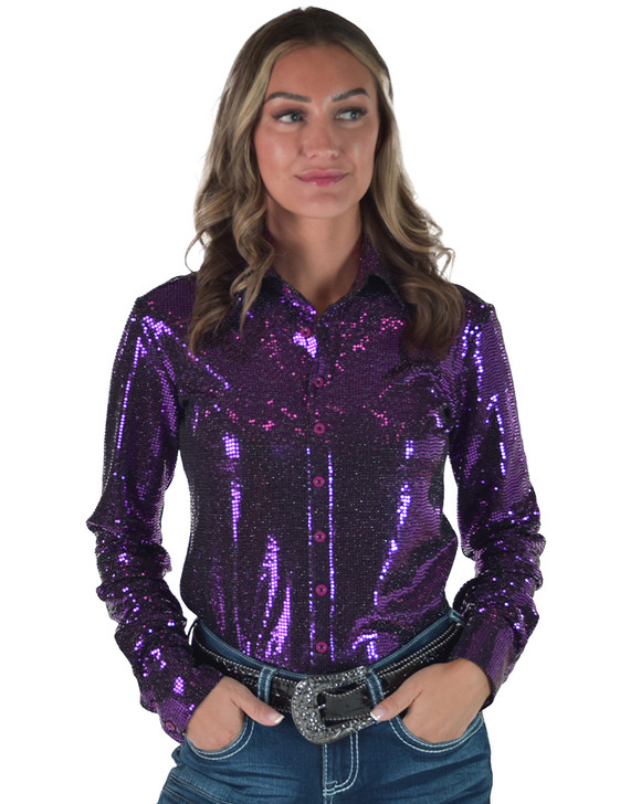 Bright Fushia Sequin Pullover Button Up medium weight & stretch