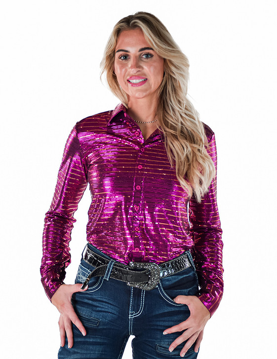 Hot Pink Shimmer with Copper Sequins Pullover Button Up