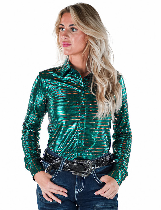 Emerald Shimmer with Copper Sequins Pullover Button Up