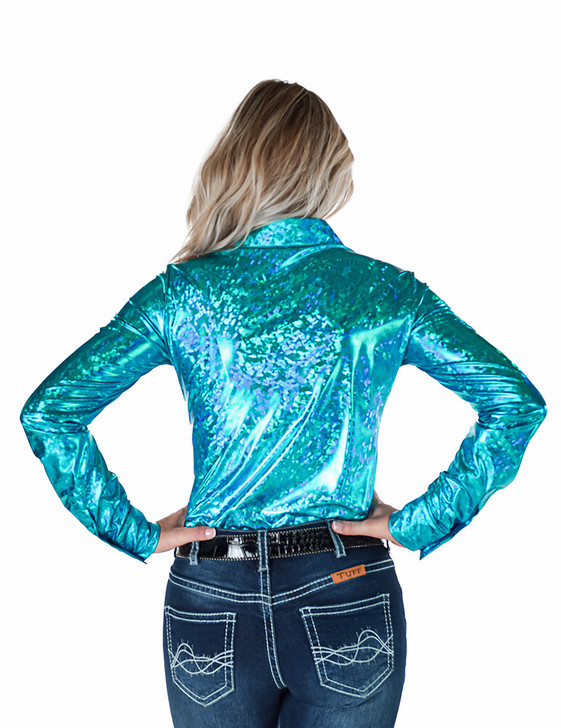 Bright Iridescent Turquoise Pa-Leather Pullover Button Up
