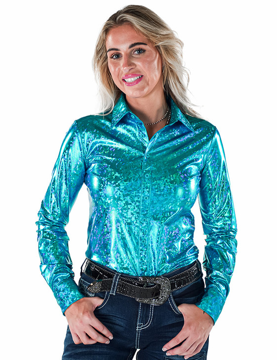 Bright Iridescent Turquoise Pa-Leather Pullover Button Up