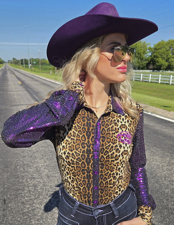 Leopard Jersey with Purple Sequin Sleeves & purple embroidered logo Pullover Button Up