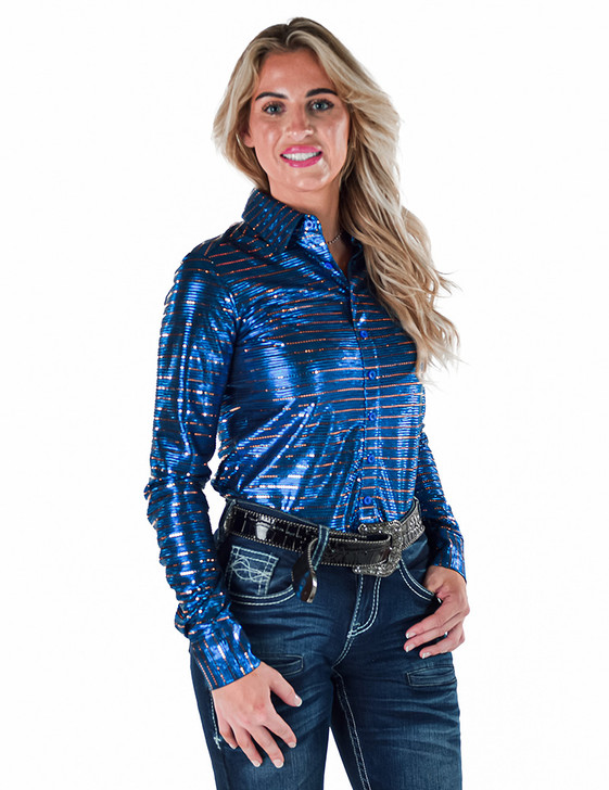 Royal Blue Shimmer with Copper Sequins Pullover Button Up