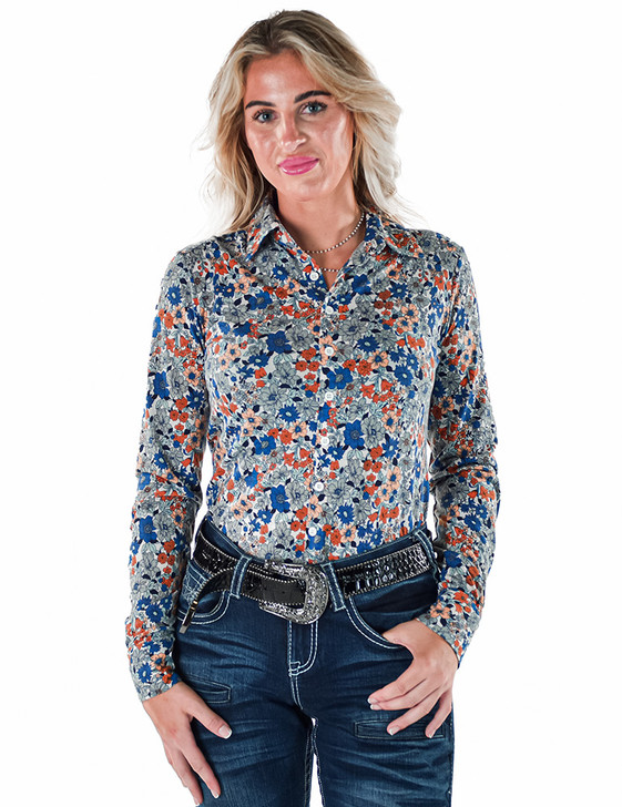 Colorful Blue Floral Jersey Pullover Button Up