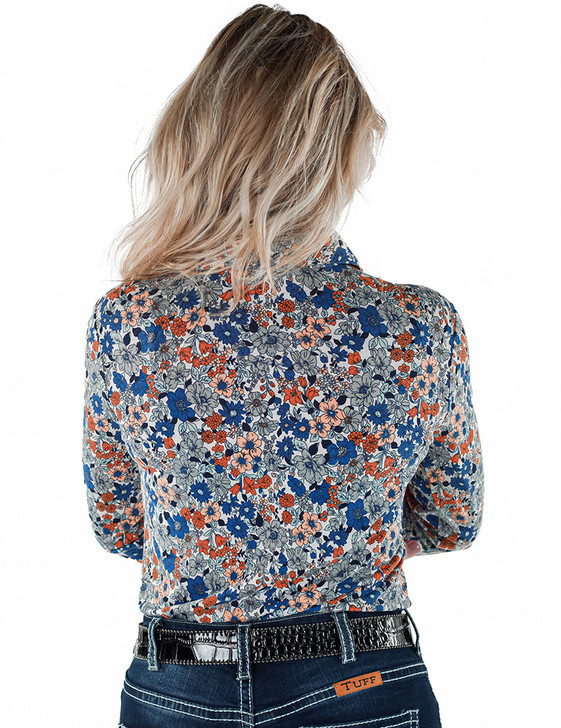 Colorful Blue Floral Jersey Pullover Button Up