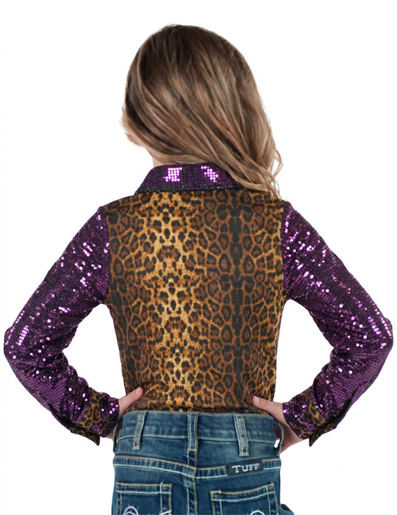 Girls Leopard Jersey with Purple Sequin Sleeves & purple embroidered logo Pullover Button Up